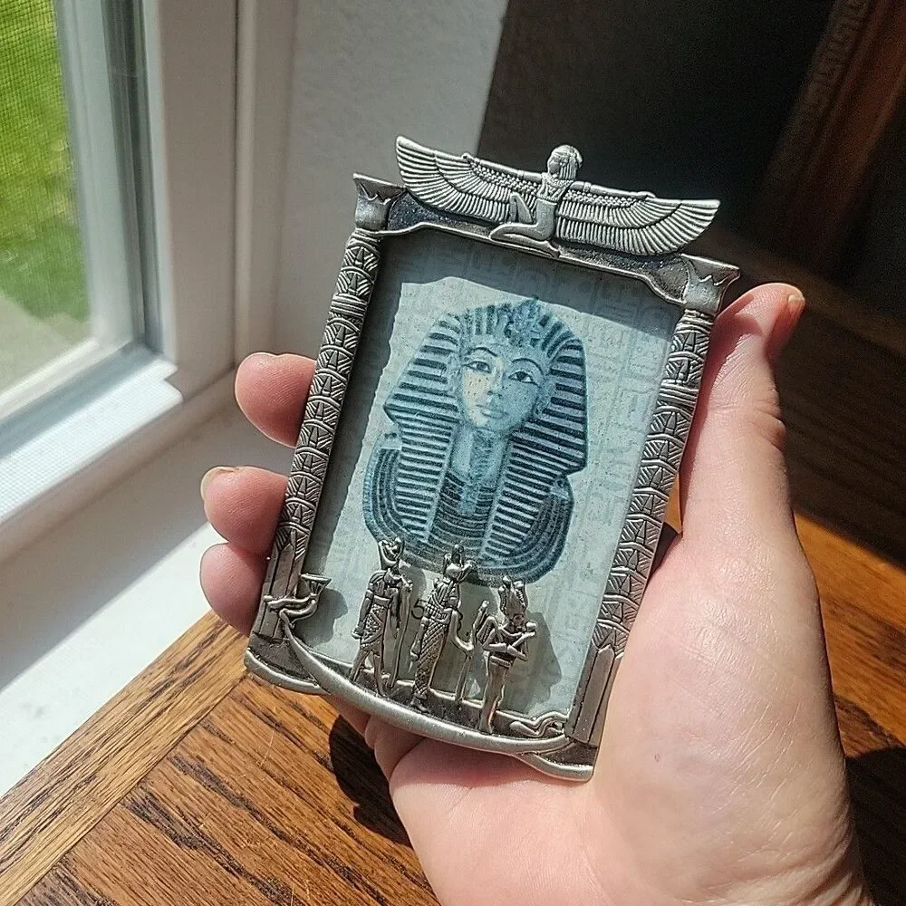Vtg Egyptian Art Deco miniature photo frame Gods Hieroglyphs Silver 2.5x3.5